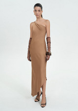 NWT MANGO MNG COLLECTION $200 BEIGE LONG ASYMMETRICAL CAPE DRESS SZ S US 4