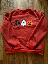 Women  s Halloween Ghost Graphic Print Crew Neck Pullover Sweatshirt Orange L