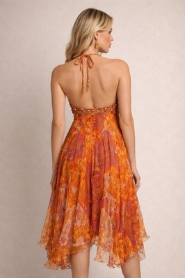 Sue Wong Nocturne Silk Beaded Halter Dress Orange Boho Festival Size 4 |  eBay