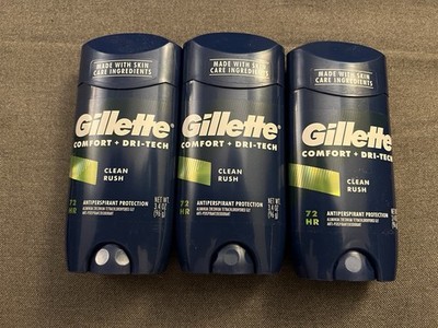 3x Gillette Comfort + Dri-Tech Antiperspirant  3.4 oz Clean Rush Deodorant 72 HR