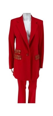Pamella Roland Red Crystal Embellished Pocket Pant Suit   Large