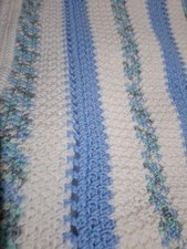 Crochet Baby Blanket Afghan 27  x19  Blue White Handmade Nursery Throw Soft Cozy