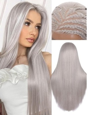 Silver Grey Gray Ombre Wig HD Front Lace Human Hair Blend Highlights Lowlights