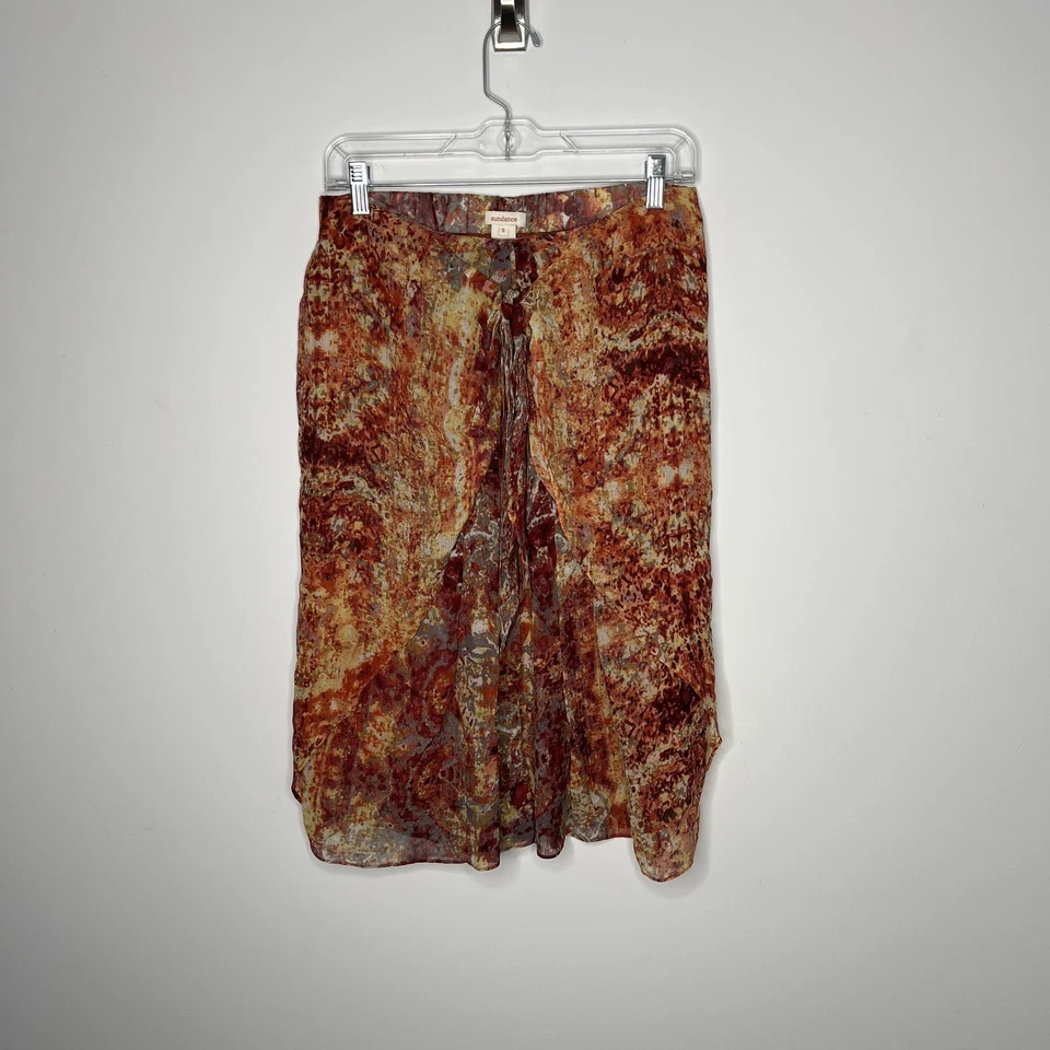 Falda midi de seda Sundance para mujer pequeña oxidada estampado abstracto corbata forrada frontal boho Foto 2 de 4