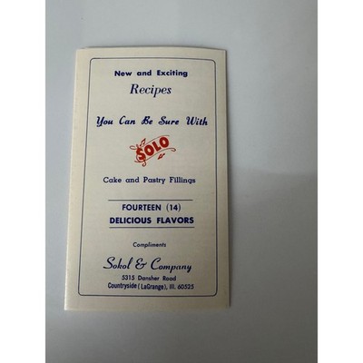 Vintage 1972 Solo Cake and Pastry Fillings Recipe Pamphlet Sokol & Company