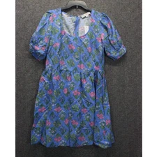 LOFT Linen Dress Floral U-Neck Puff Sleeve Cottagecore Babydoll Size 6 NEW