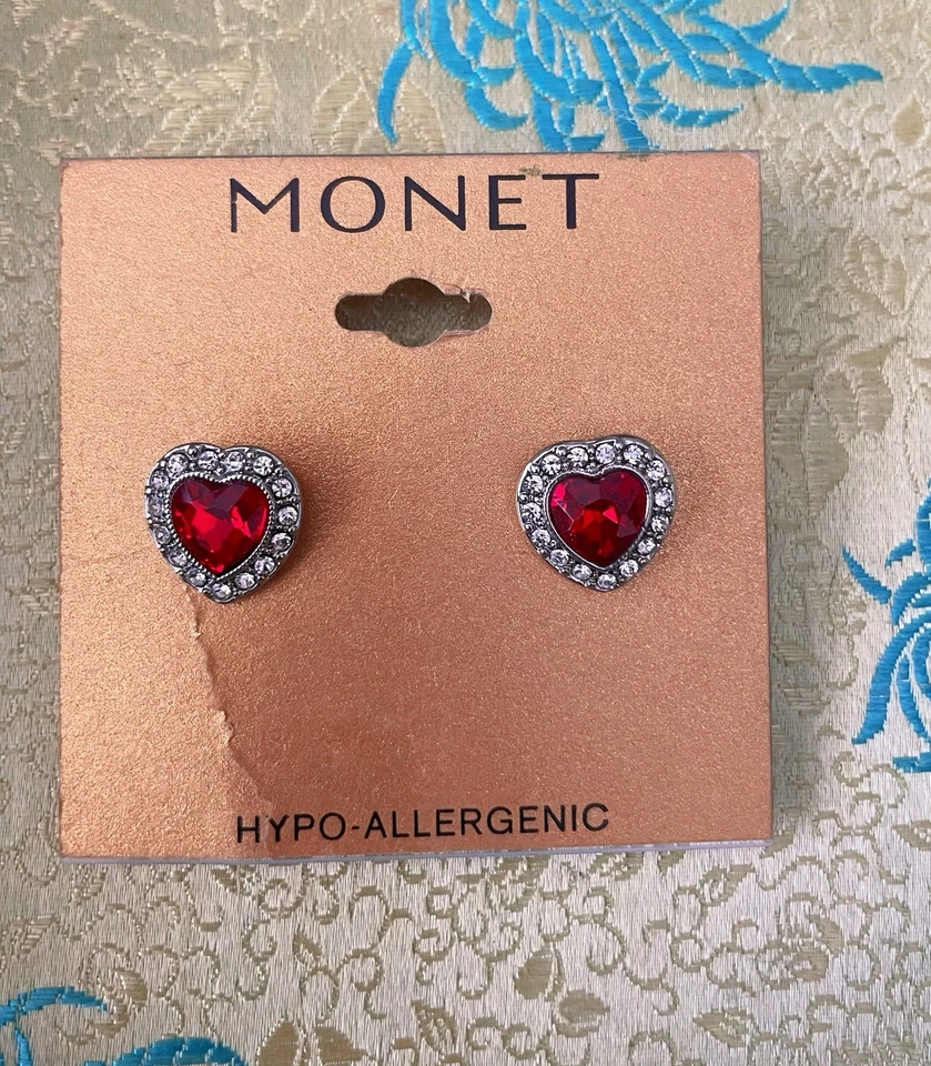 Pendientes Monet Plata Rubí Rojo Forma Corazón Nuevos Foto 2 de 3