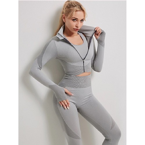 Womens 3-PC Set Matching Yoga Pants Zipper Top Sports Bra Workout Clothes Gym - Picture 7 of 8