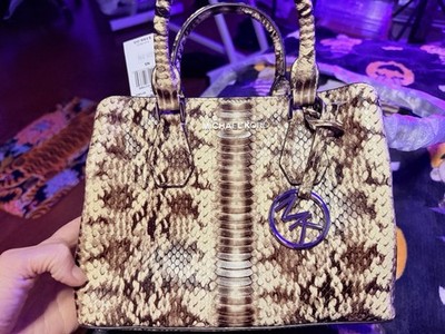 Michael Kors Camille small Satchel Bag Natural Embossed Python Print Zip NEW