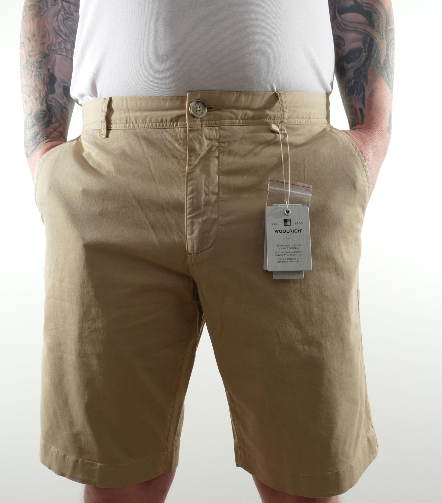 Woolrich Men's Classic Chino Shorts W31 Beige Gabardine Stretch Cotton New