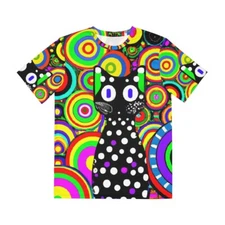 All Over Print Cat T Shirt Abstract Cool Art Tee Feline Psychedelic Polka Dot