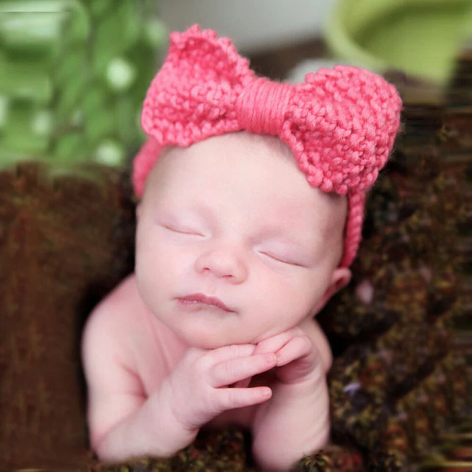 Baby Toddler Kid Girl Bow Turban Elastic Headband Knitted Crochet Hair Head Band - Image 4 of 4