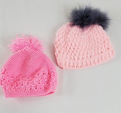 Handmade Pink Gray Crochet Pull On Baby Girl Hat Reborn Dolls