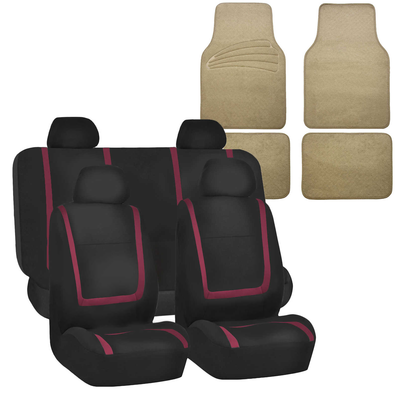 Auto Universal Seat Covers For Car Suv Van Burgundy Combo w. Beige Floor Mat