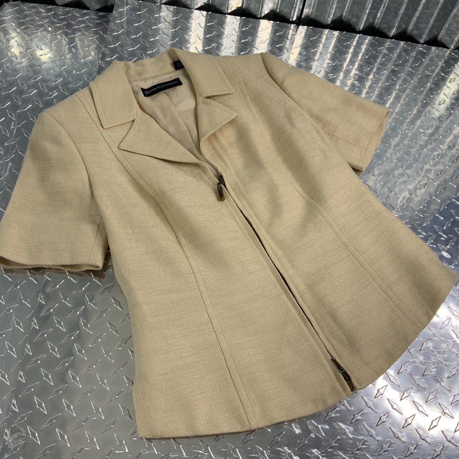 Dana Buchman Career Jacket Shirt Short Sleeve Zip Up Slit Side