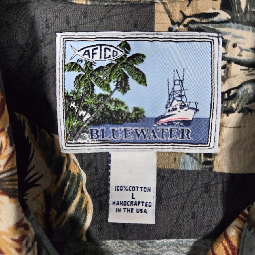 AFTCO Shirt Mens Large Miami Fish Postcards Beach Surf Casual Made in USA Logo