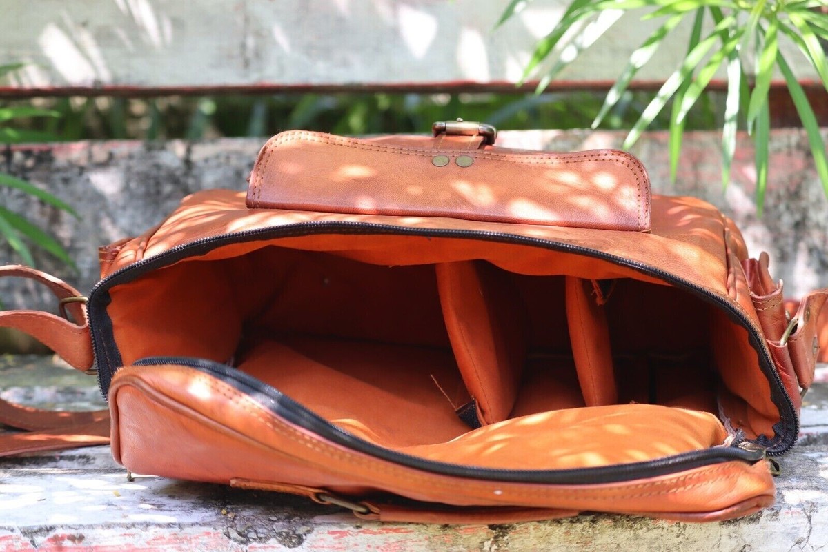 Sac photo unisexe marron vintage en cuir véritable pour