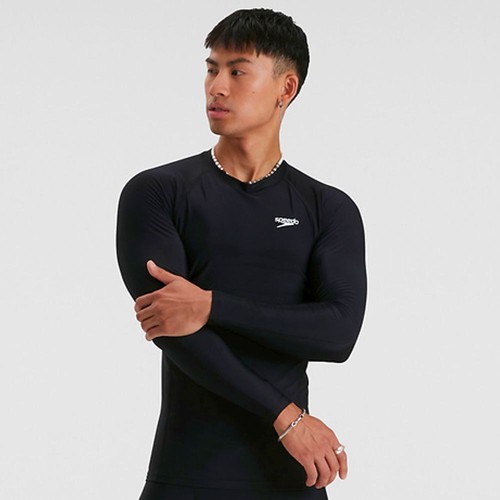 Speedo Men's Long Sleeve Sun Top, Men's Rashie - Black & White - Picture 1 of 6