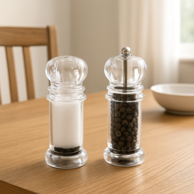 Salt Shaker & Pepper Mill Set  Clear Plastic 4 Inch Lightweight Table Seasoning