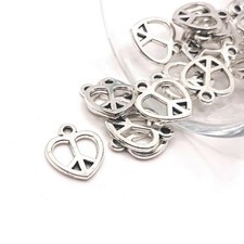 Silver Peace Heart Hippie Charms, 14x11mm - US Seller
