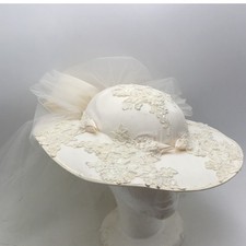 Radiance Washington Millinery Ivory Lace Pearl Bridal Hat with Veil Wide Brim