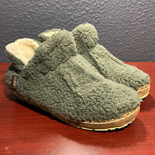 LL Bean Sherpa Fleece Cozy Slippers Womens 7 Olive Suede Scuff Comfort Soft