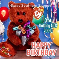    HAPPY BIRTHDAY   2004 Ty Beanie Babies Dark Red BEAR Holding Gift MWMT 