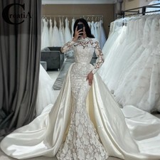 Lace Appliques Wedding Dresses For Women Mermaid Long Sleeves High Neck Illusion