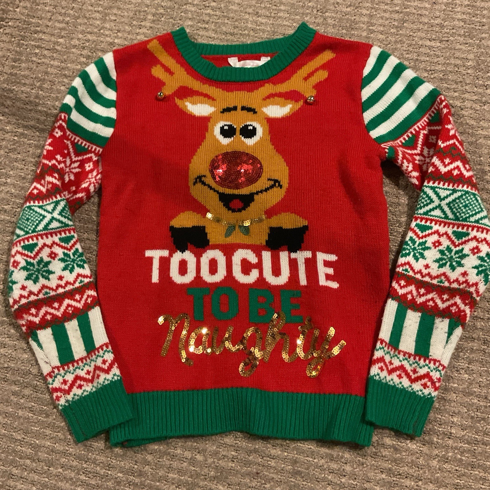 No Boundaries Ugly Christmas Holiday sweater Juniors Small Reindeer Bells Red