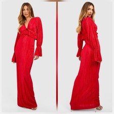 Nasty Gal Plisse Long Sleeves Ruffle Detail Maxi Dress Pleated Long Sleeves Sz 8