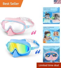 2 Pack Kids Swim Goggles with Nose Cover, Wide View Anti-Fog UV Protection Sw...