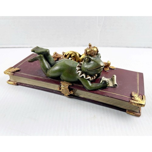 King Prince Frog on A NoteBook w Pen Holder Office Desk Decor 7.25” Long Resin