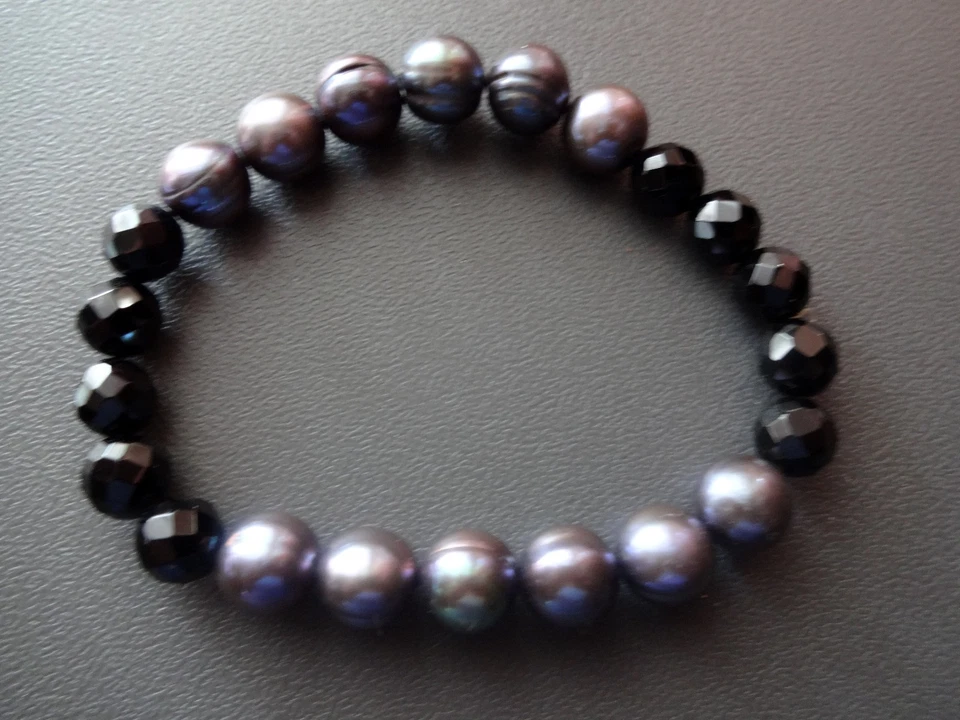 Pulsera Honora Genuina Negra Gris Perla y Negro Onix Elástica Damas 7" Foto 4 de 4