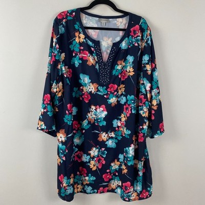 Catherines Embellished 3/4 Sleeves Floral Tunic Size 2X Split Neck Pullover