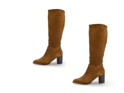 HOUSE OF HARLOW 1960 Ladies Womens Leather Knee High Block Heel Zip Up Biker Riding Boots Tan Size