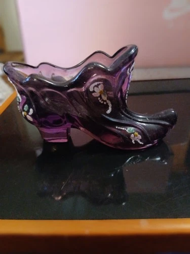 Fenton Purple Glass Hand Painted Shoe Purple & White Glitter Flowers
