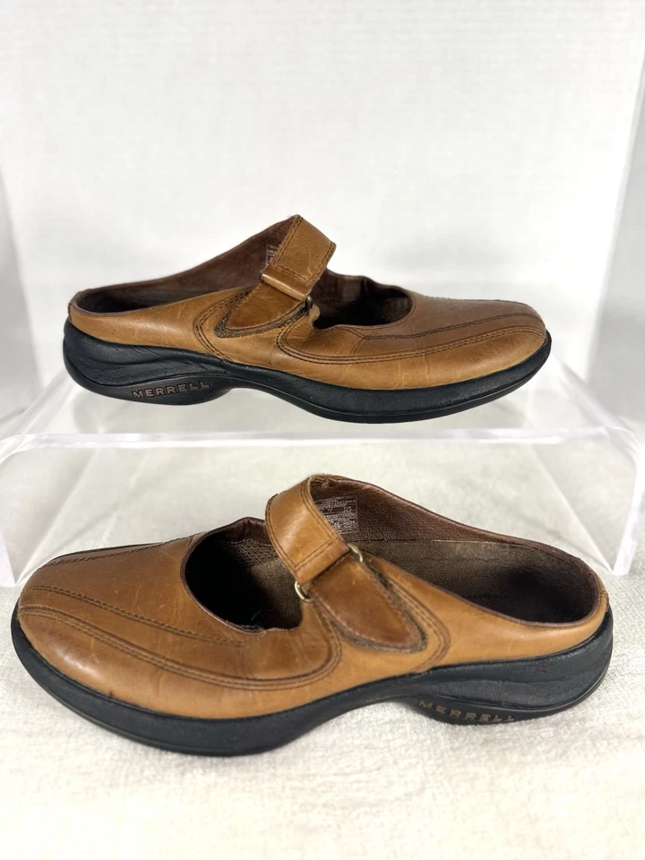 Tamancos femininos Merrell de couro Mary Jane marrom confortável almofada de ar 9,5 - Imagem 2 de 4