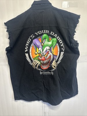 Hellanbach Men s Blk Sleeveless Denim Jean Vest Evil Clown Who s-Your-Daddy XXL