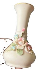 Vtg Lefton China pink bud vase, pattern 1847P,  4&rdquo; tall 3D Floral Gold Rim
