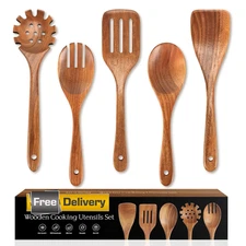 5pcs Wooden Spoons Cooking Natural Non-Stick Cooking Utensils for Home & Kitchen