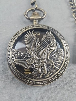 Pocket Watch Bold Eagle Cover Round Numbered Dial Easy to Read with Chain