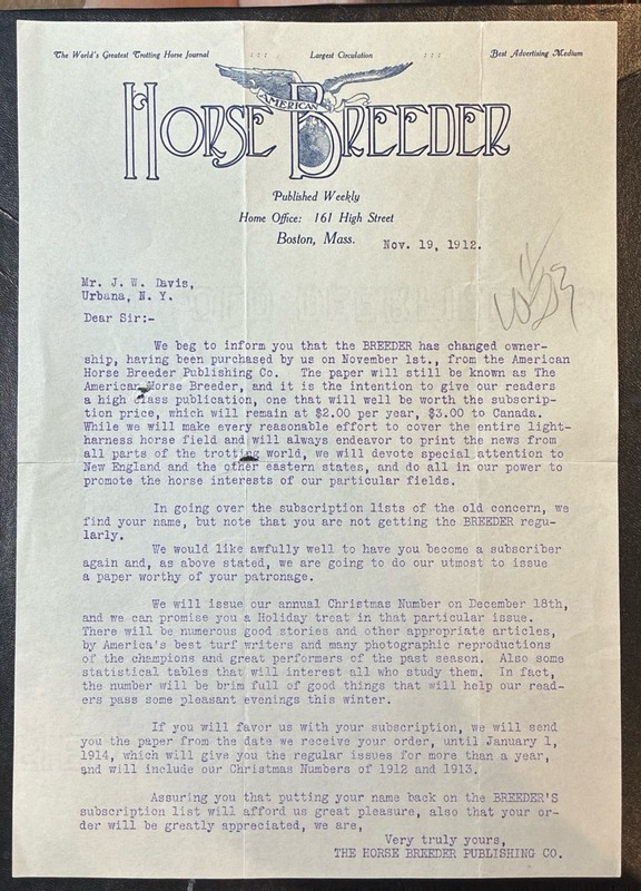 BOSTON, MA ~ HORSE BREEDER, Weekly Publication ~ Illustrated Letterhead 1912