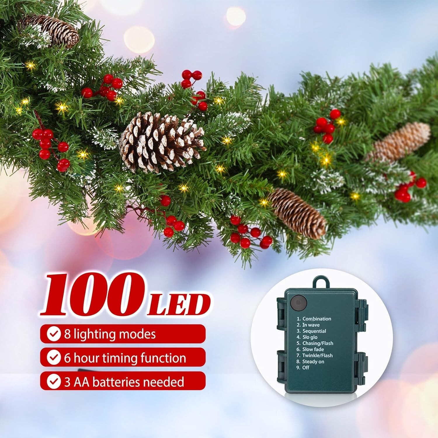 9 FT Prelit Christmas Garland with 100 LED Lights, 8 Modes 3AA Battery Operated 