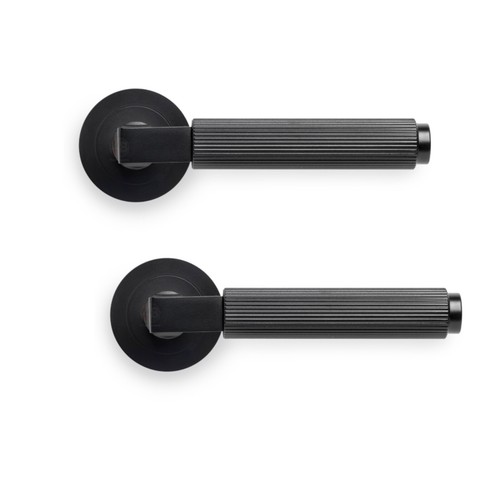 Powder Coated Black Reeded Lever on Rose Door Handle Pair Sprung Internal Set - Picture 2 of 5