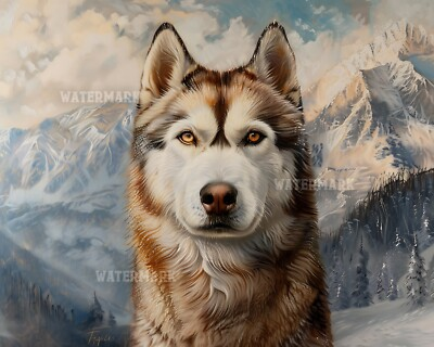 #ad Siberian Husky in front of snowy mountain 8x10 Matte Print $17.00
