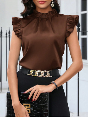 Clasi Women's Solid Color Simple Daily Satin Cap Sleeve Blouse Sleeveless Top