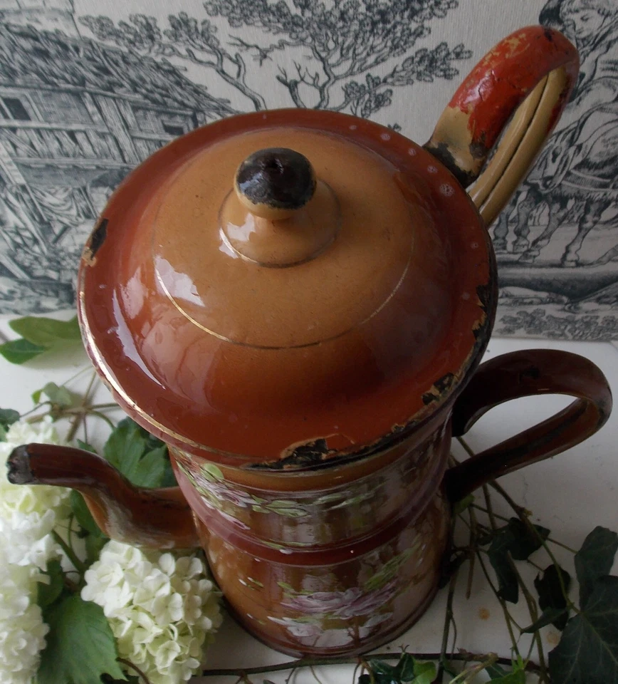 ANCIENNE CAFETIERE EMAILLEE DOUBLE MARRON A FLEURS ROSES shabby - Photo 4/4