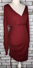 Shein Women's Long Sleeve Sexy V-Neck Ruched Side Bodycon Dress Size 4 Red