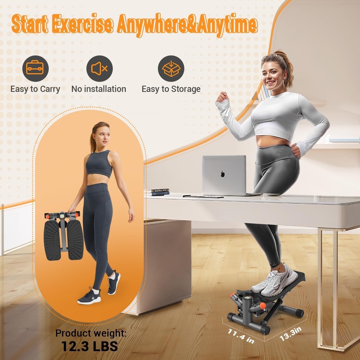 Adjustable Mini Stair Stepper with Resistance Bands,350lbs Loading