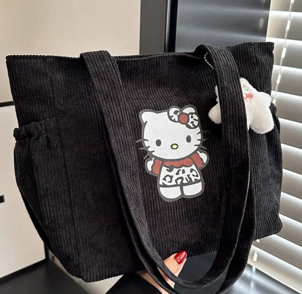 Bolso de Hombro Hello Kitty Estampado de Leopardo Negro Pana Mujer Bolso de Mano Cheetah KT Foto 3 de 4